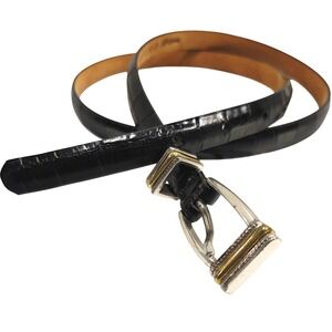 Brighton Black Croc Embossed Leather Skinny Belt Women's XL Gold Silver Buckle